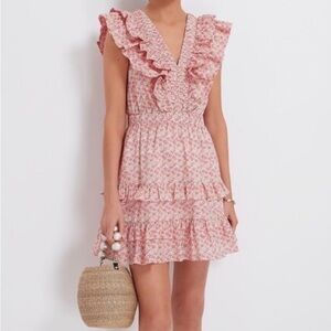 Tuckernuck Hyacinth House floral, whimsy, ruffle V-neck, mini dress, medium